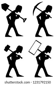 Laborer four types carrying tools, character black silhouette set, vector illustration, vertical, isolated, over white