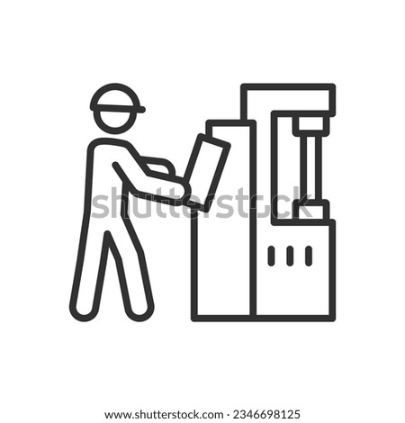 A laborer at a manufacturing machine, linear icon. Line with editable stroke