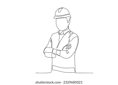 A laborer stands with his arms folded to his chest. Labor Day one-line drawing