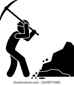 Trabalhador Usando picareta para quebrar ícone de pedra. ícone simples preto e branco representando um trabalhador balançando uma picareta para quebrar pedra ou pedra. Adequado para visuais relacionados com trabalho manual, mineração