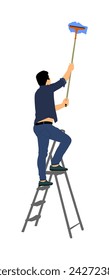 Laborer washing windows. Construction worker on ladders vector illustration isolated. Painter painting work. Under construction. Handyman job home wall decoration. Diagnostic and fix, problem solved.