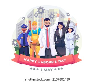 Laborers people in different professions are celebrating Labor Day by raising their hands together. Happy Labour Day 1st may. Flat style vector illustration