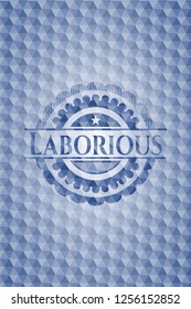 Laborious blue emblem with geometric background.