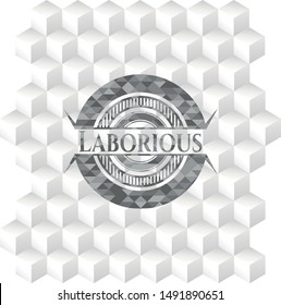 Laborious grey emblem with geometric cube white background