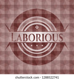 Laborious red emblem with geometric background. Seamless.
