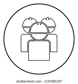 Labors group workers in helmet icon black color in circle round outline