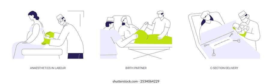 Labour abstract concept vector illustration set. Anaesthetics in labour, birth partner, c-section delivery, epidural anesthesia injection, pregnant woman, pain relief abstract metaphor.