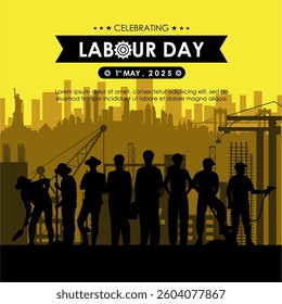 Labour Day 1st May 2025 greeting design. Group of workers in front of New York city silhouette background. Best for International Workers Day around the world and Labor Day in US. 
