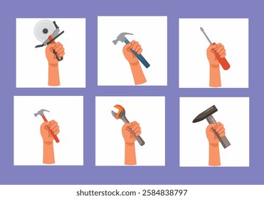 Labour day or 1st May day 6 holding tools in hand elements design vector illustration.