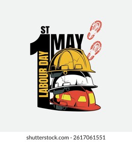 Labour Day 1st May Illustration with Hard Hats and Footprints