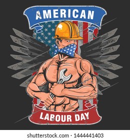 LABOUR DAY AMERICA USA FLAG WORKER  WITH WINGS VECTOR