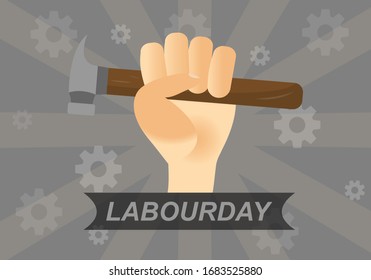 Labour day background for banner or wallpaper. Hand holding hammer.