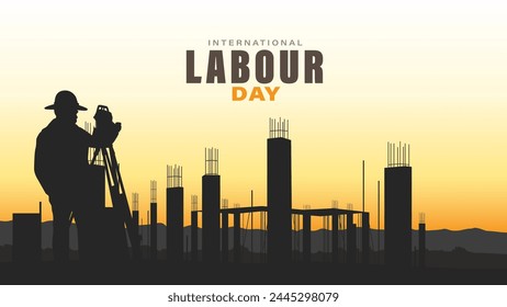 Labour day background design concept with workers silhouette and building construction at sunset