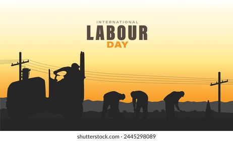 Labour day background design concept with workers silhouette and road construction at sunset
