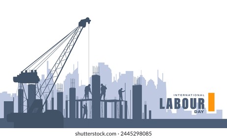 Labour day background design with construction workers and crane machine vector illustration