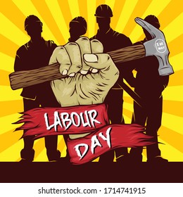 Labour day background image. Hand hold hammer with ribbon banner on workers silhouette background for poster, bacdrop, business advertising. Abstract yellow sunburst background. eps 10