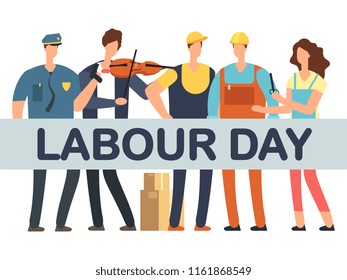 Labour Day banner with cartoon professionals isolated on white background. Vector worker job, artist and workman, police and contractor illustration