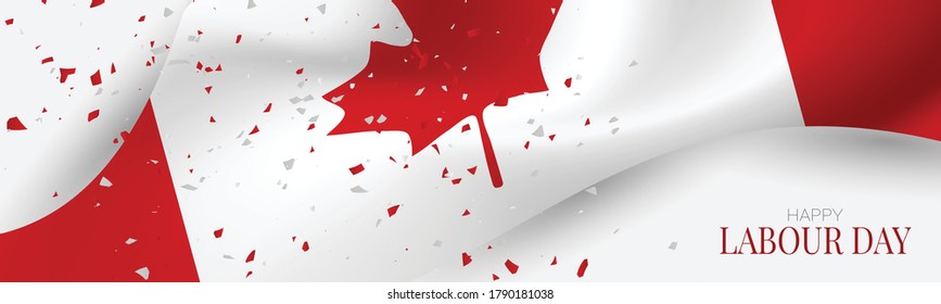 Labour Day banner or header. Canadian red and white bunting flag background. Canada national workers holiday concept. Vector illustration.
