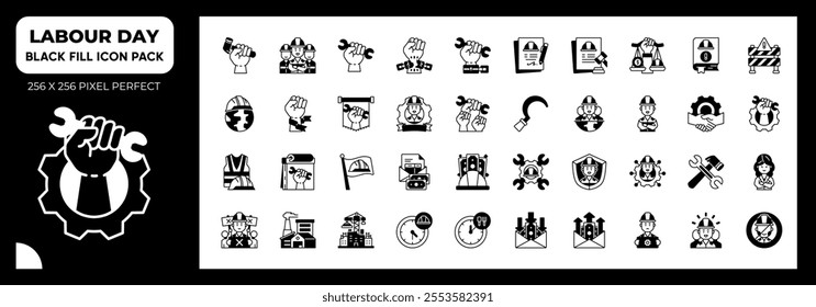 Labour Day Black Fill Icons Pack, Contain Such as Factory, Networking, Labour Law and More