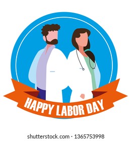 labour day celebration seal with doctors