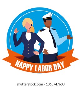 labour day celebration seal with sailor man with businesswoman