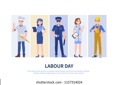 
Labour day concept banner with characters.  Flat style vector illustration isolated on white background.  