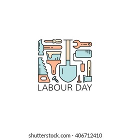 Labour day concept. Labor day greeting card. Working tools on white background. Vector illustration. EPS 8.