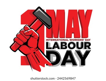 Labour day concept with red hand holding hammer. Vector editable on transparent background
