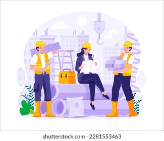 Labour Day. Construction workers are working on buildings. Vector Illustration