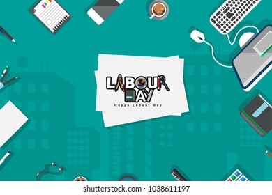 Labour day design business concept in line flat style. International solidarity of workers. Vector illustration. Copy space.