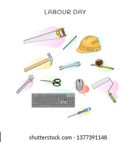 Labour Day design with colorful tools vector. 1st may celebration illustration