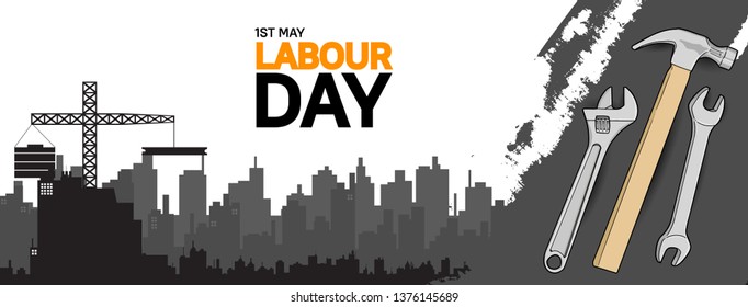 Labour Day design poster with colorful  tools vector. 1st may celebration illustration with city building background