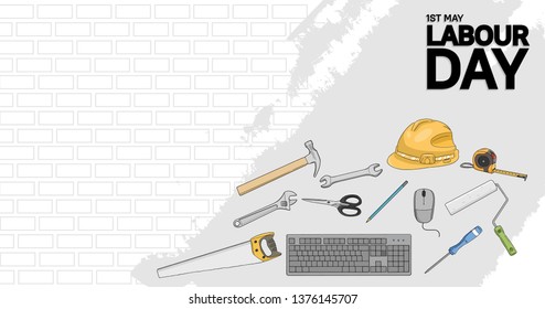 Labour Day design poster with colorful tools. 1st may celebration illustration with wall background