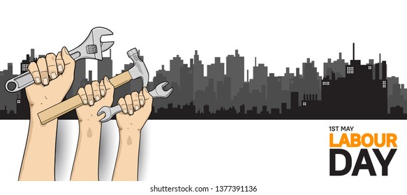 Labour Day design poster with colorful fist holding tools vector. 1st may celebration illustration