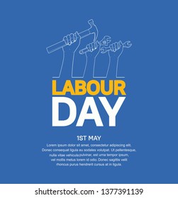 Labour Day design poster with fist holding tools line style . 1st may celebration illustration blue background