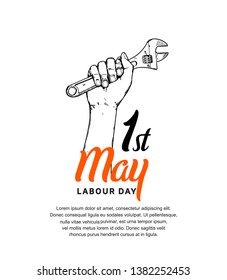 Labour Day design poster with fist holding wrench. 1st may celebration illustration white background