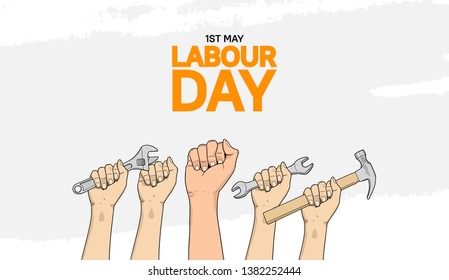 Labour Day design poster with five fist holding tool. 1st may celebration illustration