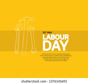 Labour Day design poster line style tools vector. 1st may celebration illustration with yellow background