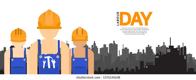 Labour Day design poster with three worker and city. 1st may celebration illustration white background