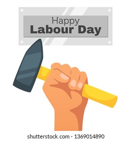Labour day design template with hand holding hammer. Vector illustration isolated on white background.