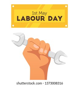 Labour day design template with hand holding metal wrench. Vector illustration isolated on white background.