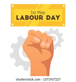 Labour day design template with man clenched fist and gears at the background. Vector illustration isolated on white background.