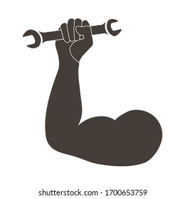 Labour day emblem with biceps and wrench in fist. Vector illustration. 
