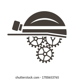 Labour day emblem with helmet and gears. Vector illustration. 