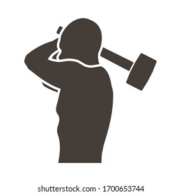 Labour day emblem with mans torso and sledgehammer. Vector illustration. 