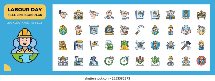 Labour Day Filled Line Icons Pack, Contain Such as Factory, Networking, Labour Law and More