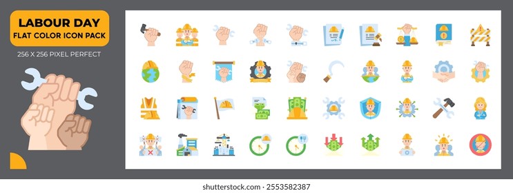 Labour Day Flat Icons Pack, Contain Such as Factory, Networking, Labour Law and More