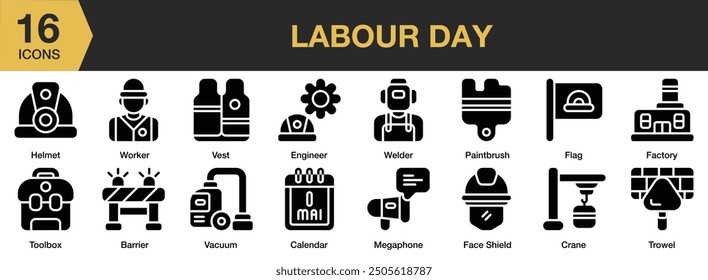 Labour Day Glyph icon set. Includes barrier, calendar, crane, engineer, face shield, and More. Solid icons vector collection.