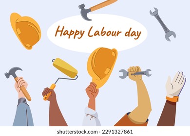 Labour day greeting card design with arms holdind different work tools. Different occupation concept. Painter, builder, mechanic. Modern flat vector illustration