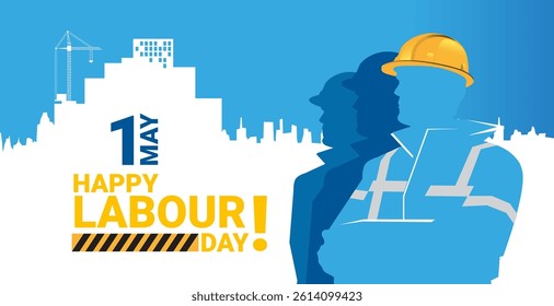 Labour Day greeting card template with construction workers in overalls, helmet, city skyline, and crane. Celebrates 1st May, honoring workers’ contribution. Great for posters or banners.
